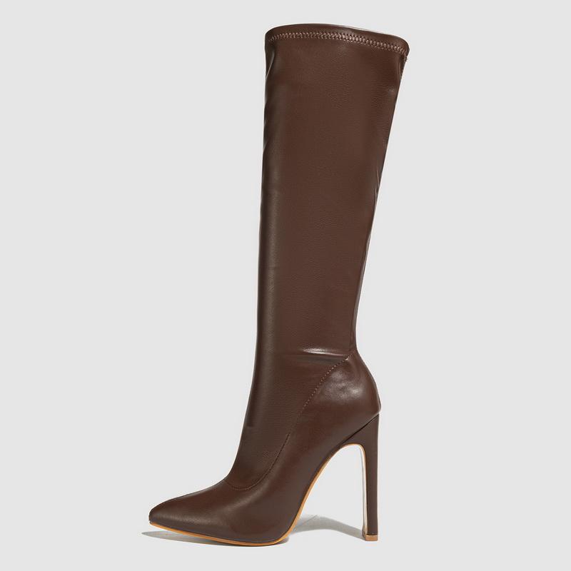 

Lady Pointed Toe High Heel Long Boots Side Zipper Slim Mid-calf Boots for Office Nightclub Party Banquet Pub Women Knight Boots 35 коричневый