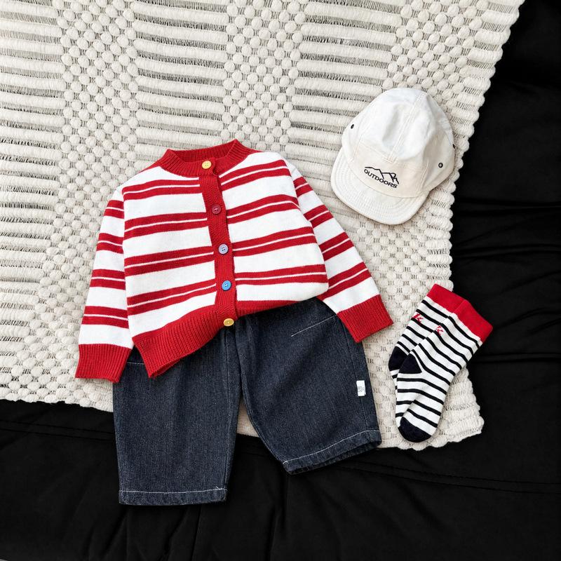 Children'S Spring And Autumn Striped Knitted Cardigan Boys And Girls Colored Button Sweater Jacket Children'S Top