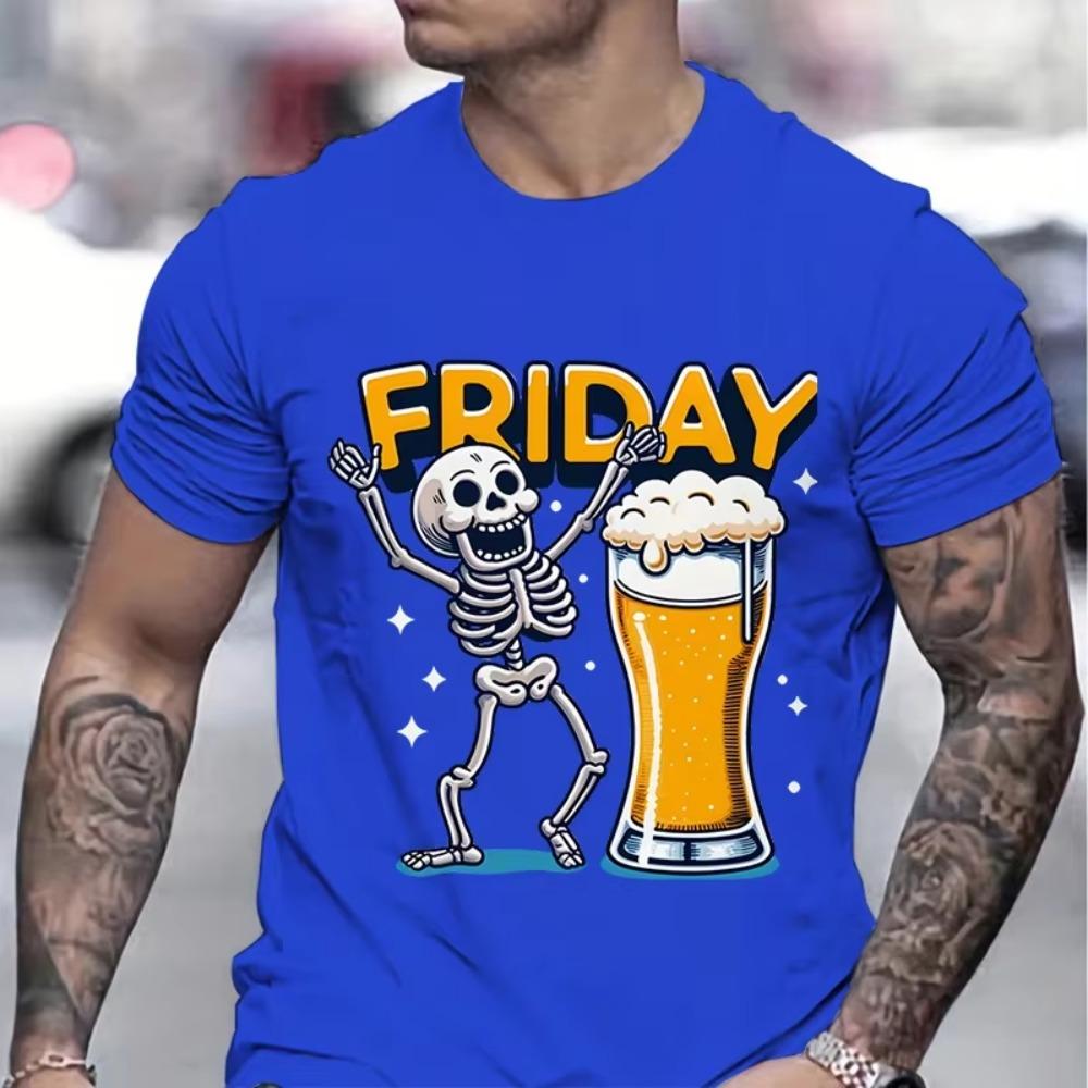 Cartoon Skeleton Cheering T-shirt Men Beer Friday Cheering Skull Print Fashion Casual Top Skeleton Beer Graphic Cartoon T-shirts