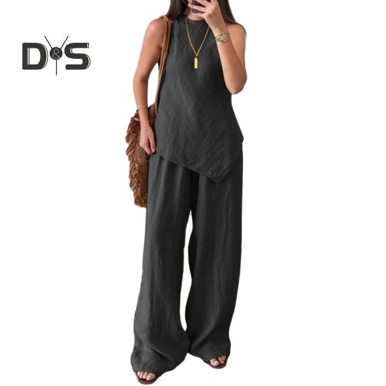 

Женский комплект из двух предметов с неровным подолом, безрукавка, топ с круглым вырезом, широкие брюки, летний повседневный спортивный костюм S чёрный