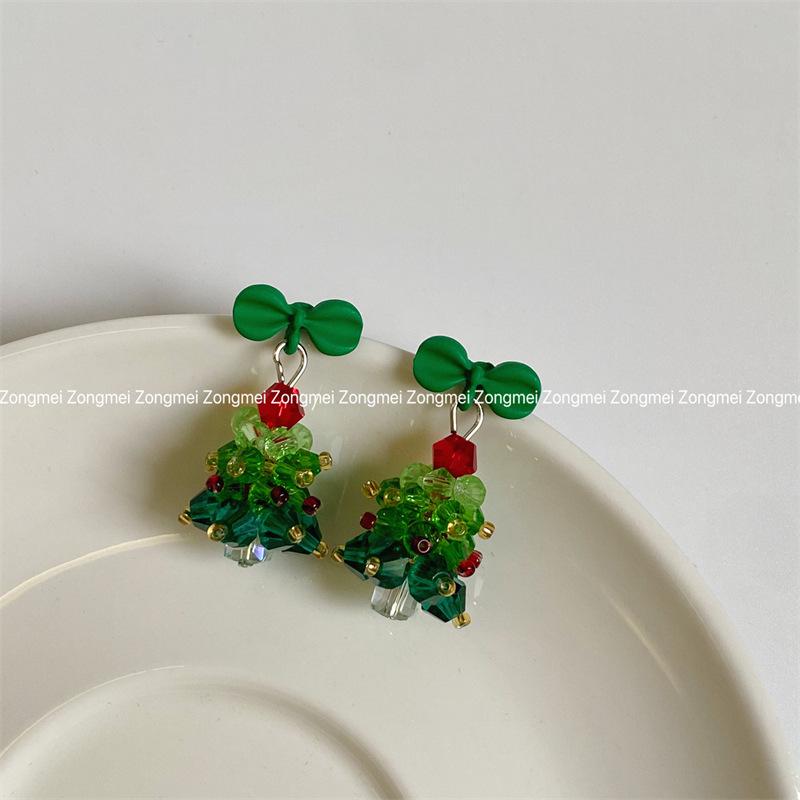 3D Christmas Tree Earrings with Red Bow - Heavy Beaded Crystal Ear Clips, Hand-Woven Holiday Accessories