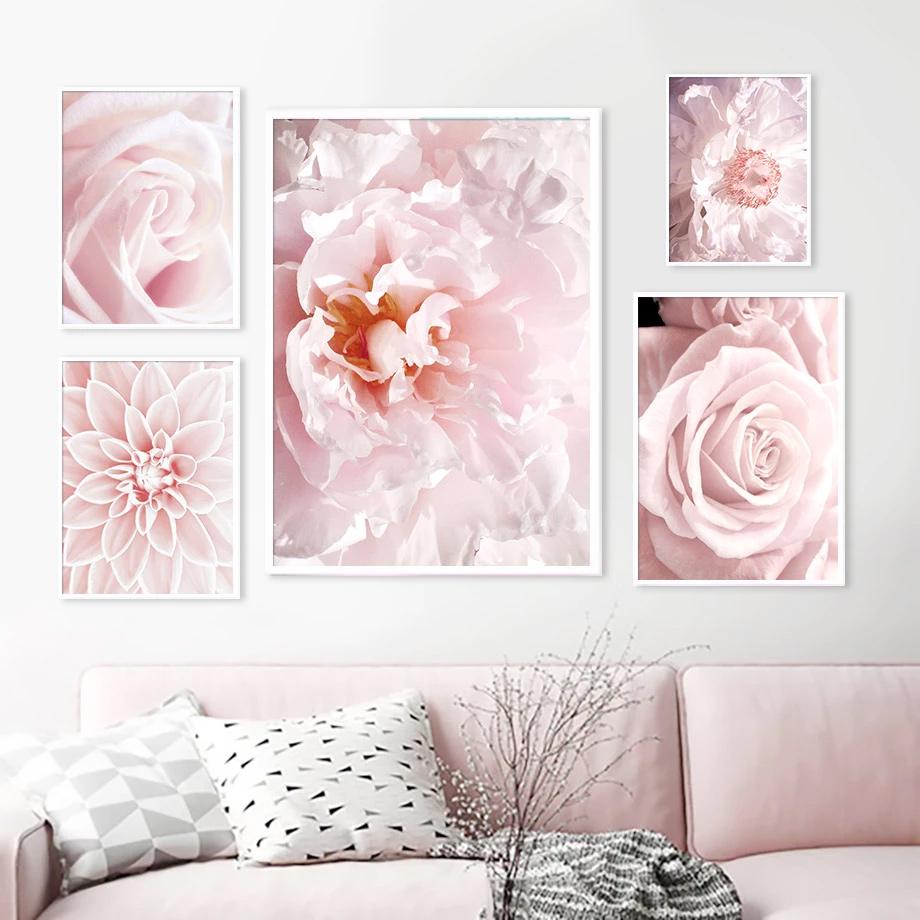 Scandinavian Pink Flower Cherry Blossom Rose Peony Nordic Posters And Prints Wall Art Canvas Painting Wall Pictures For Living Room