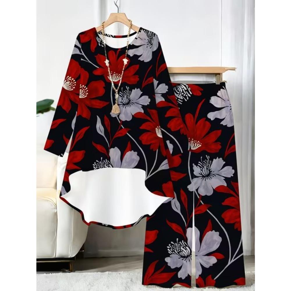 Flower Print Two Piece Outfit Women Long Sleeve Irregular Hem Tunic Top Wide Leg Pants Casual Matching Set