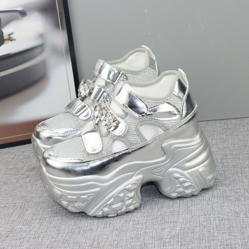 Fashion 12CM Air Mesh Micrifiber Leather Women Vulcanize Bling Fashion Chunky Sneakers Breathable Casual Platform Wedge Shoes