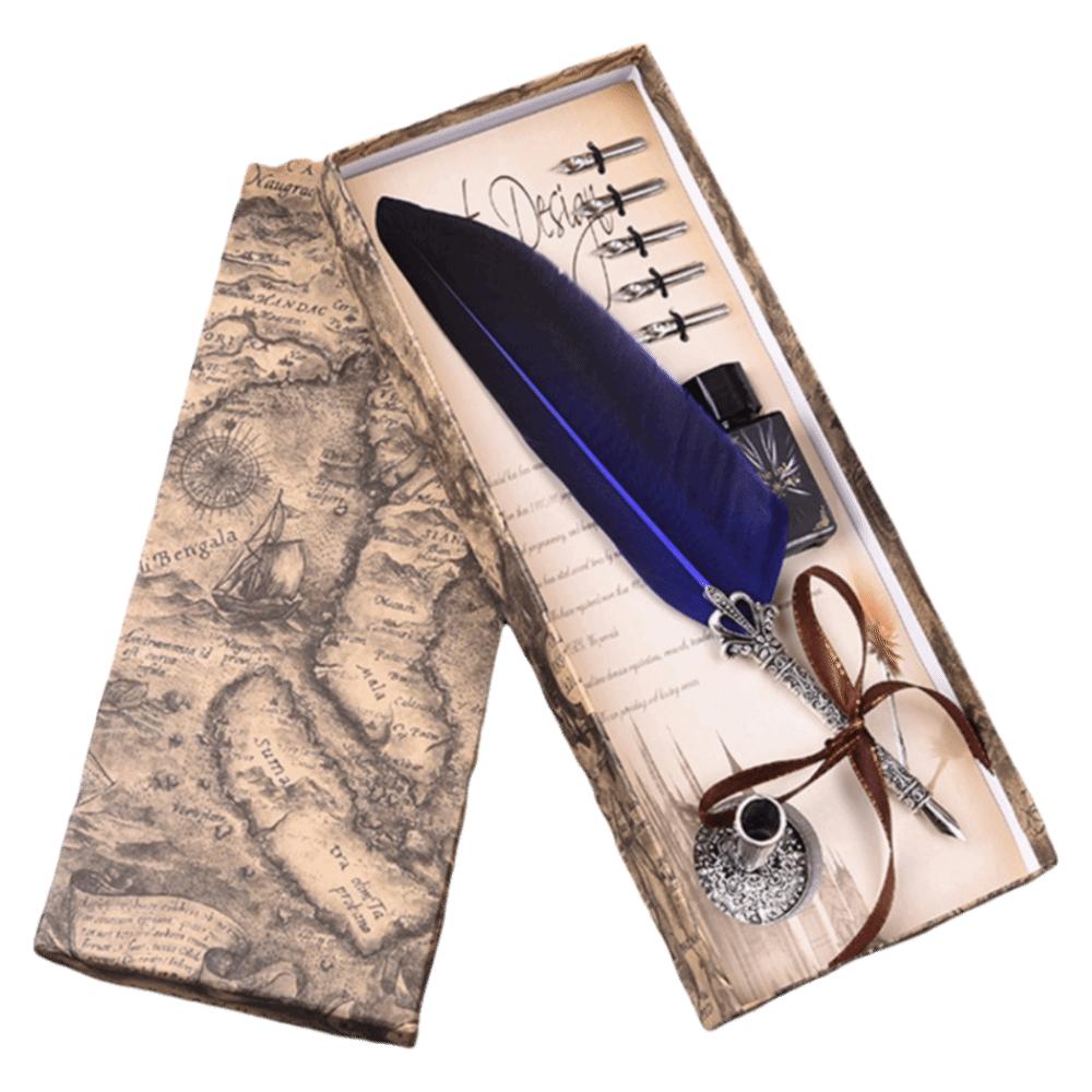 Without Ink Calligraphy Feather Dip Quill Pen with 5 Replacement Nibs Carved Base Quill Pen Set Retro Style Multiple Colors