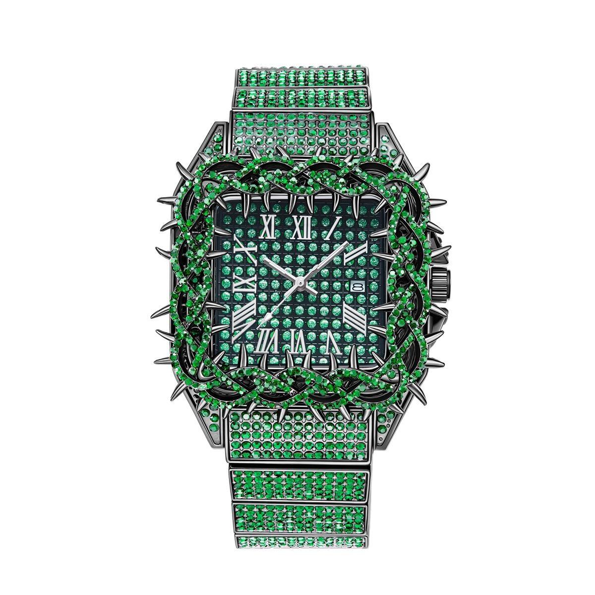 

PINTIME Shine Luxury Hip-Hop Diamond Watch with Emeralds for Men Replica Czech Stone Inlaid Waterproof Gold Watch зелёный