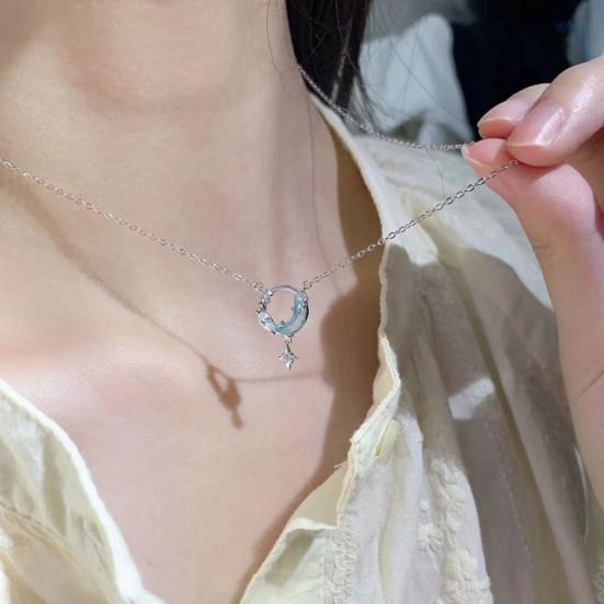Collana Pianeta Luna E Stelle In Argento S925 Con Zirconi - Ciondolo Pietra Di Luna - Gioiello Cosmico Regalo Per Ragazze, Figlie, Compleanno, Natale