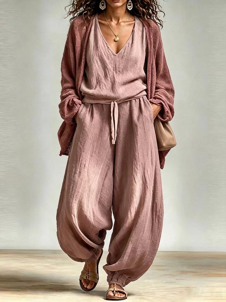 1116 Ensemble trois pièces décontracté pour femmes européennes et américaines, gilet, bloomer, cardigan tricoté