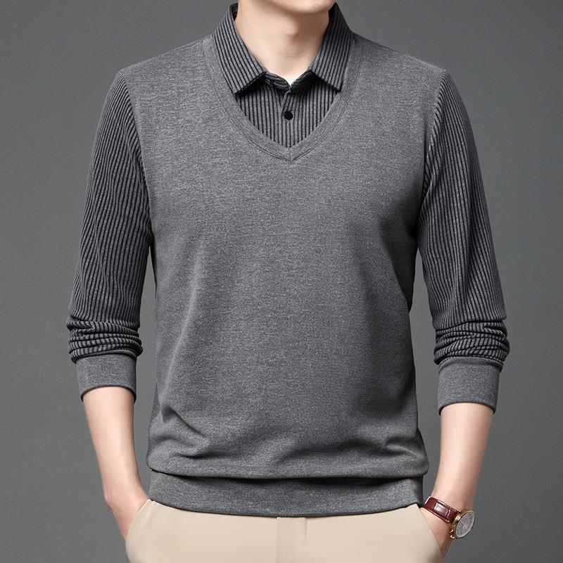 Men's Long-Sleeved Sweater False Two-Piece Shirt Collar Daddy Autumn Outfit Top
