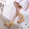 FHC 15CM Wedges High Heeled Sandals,Women Platform Summer Shoes,Ankle Buckle Strap,European Style,Open Toe,35-40 Stock,Yellow,