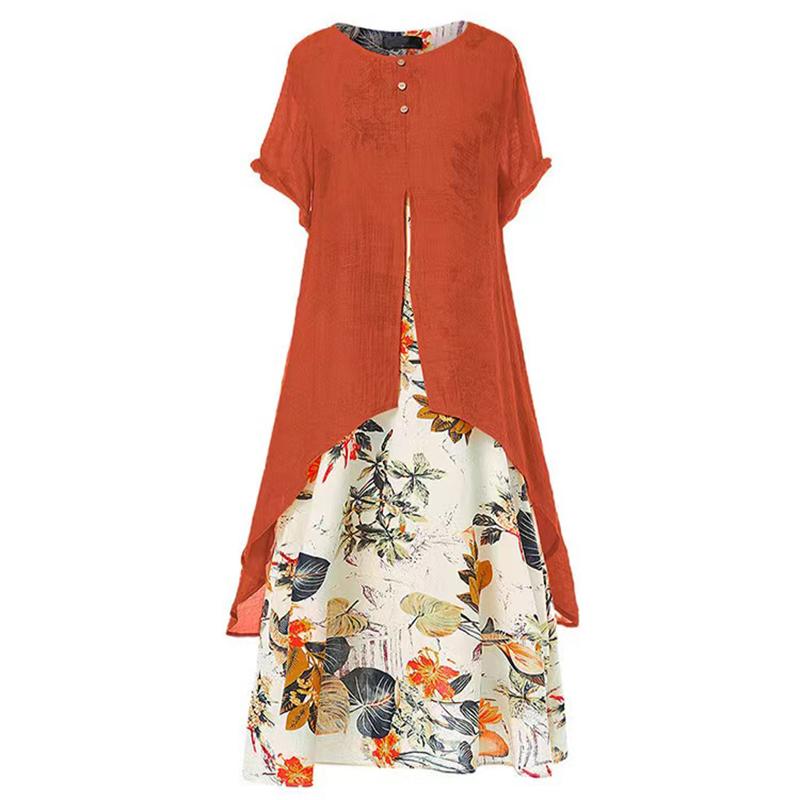 

Нова бавовняна та лляна друкована сукня-спідниця з круглим вирізом та імітацією двійки з короткими рукавами XXXXXL червоний