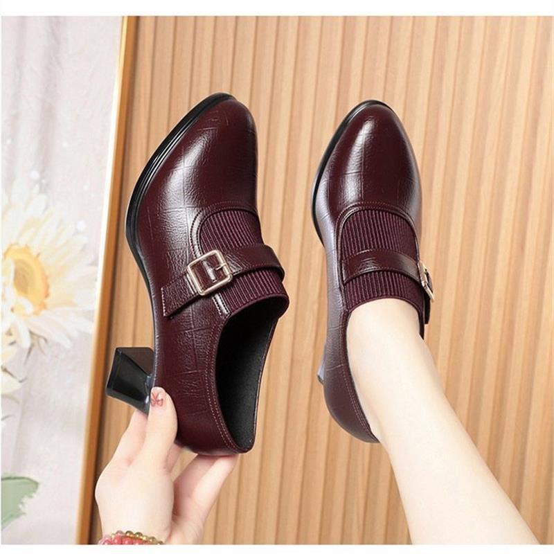 Soft leather thick heel single shoes soft sole non-slip medium heel leather shoes low top
