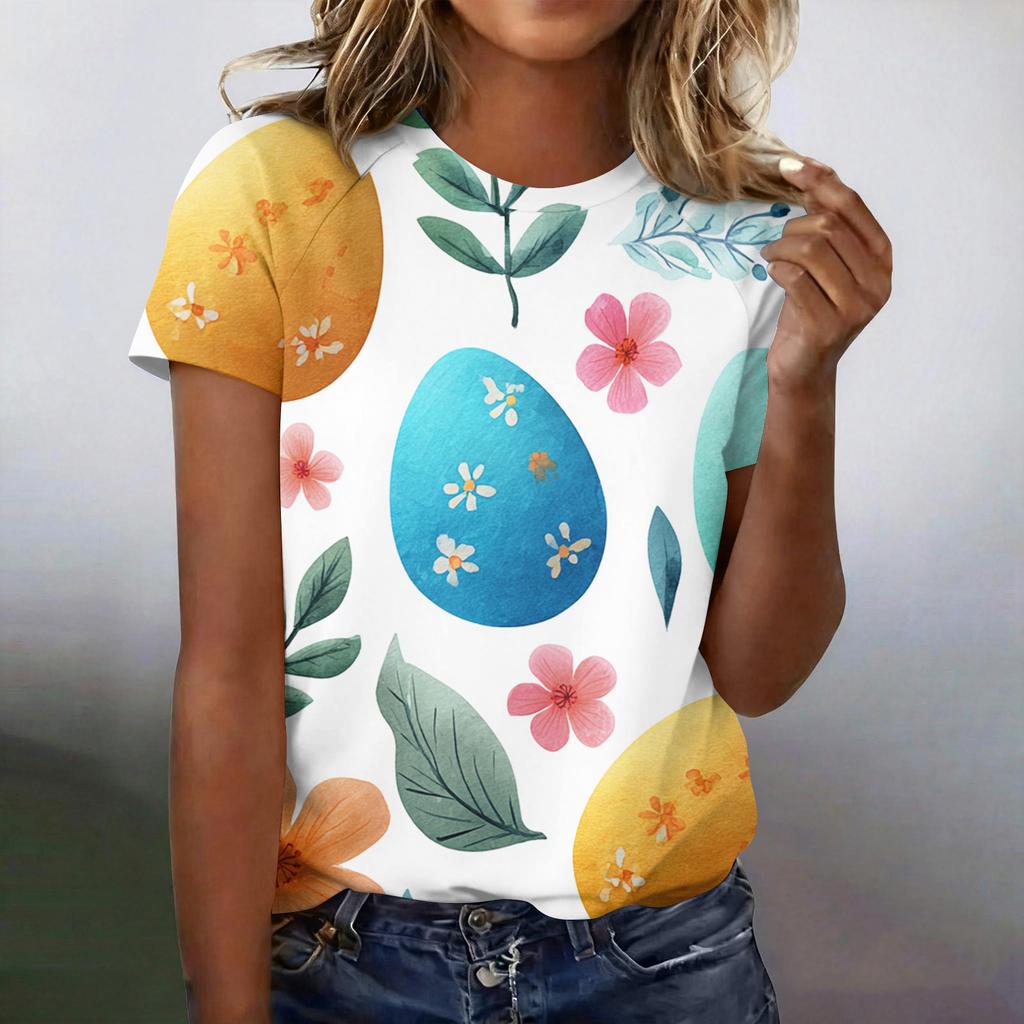 Women's Fashionable Casual Short-Sleeved Raglan Sleeve Easter Print T-Shirt Top