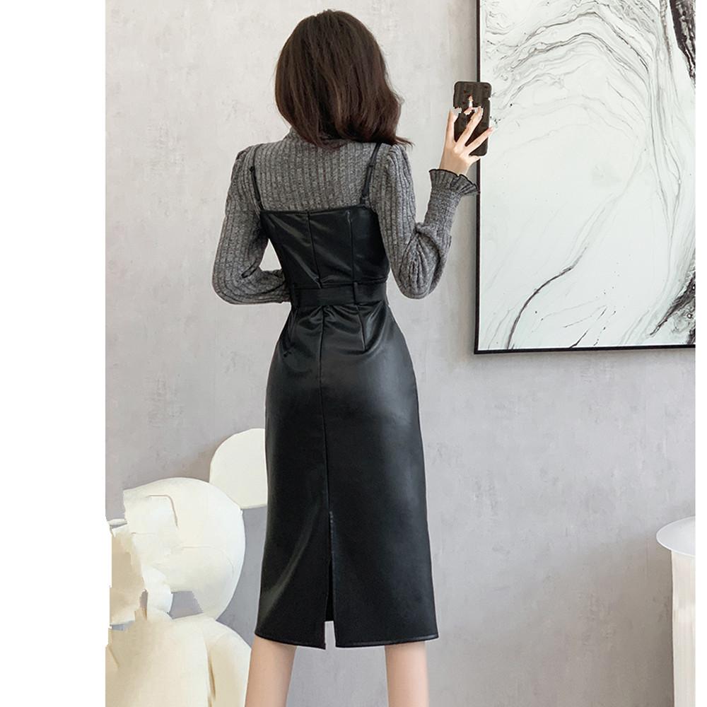 Streetwear PU šaty 2dílná sada Dámské outfity Neformální rolák Košile s rukávy a koženými šaty bez ramínek Dámské