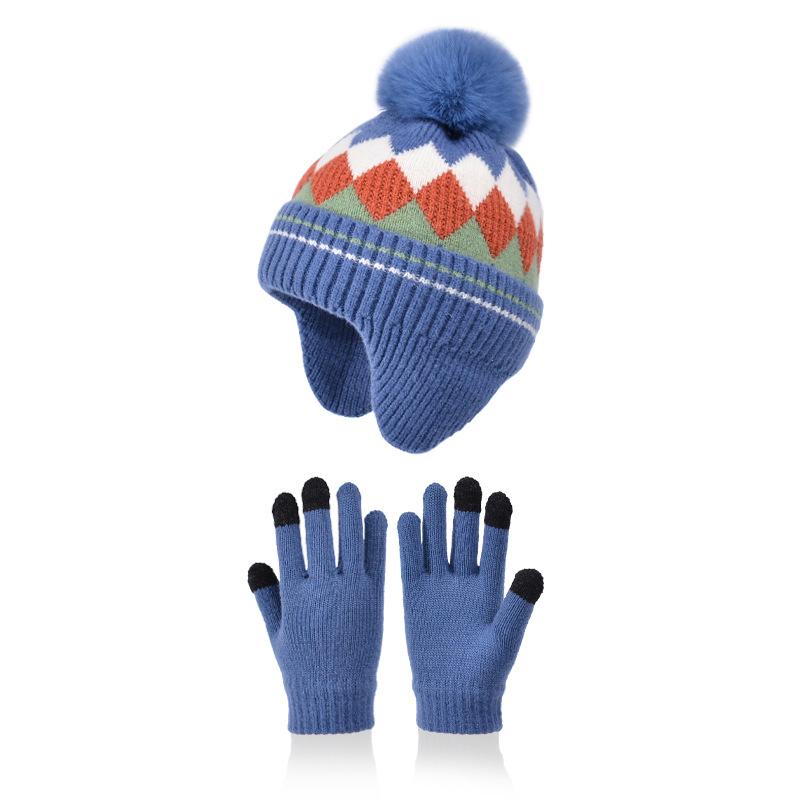 Children Winter Hat Gloves Set Faux Fur Ball Kids Beanie with Earflaps Thicken Warm Children Knitted Cap Suit 4-10Y