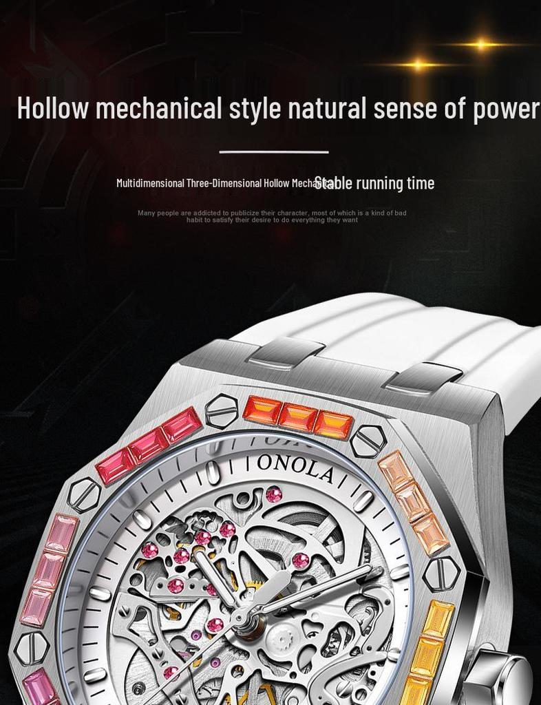 ONOLA Montre Homme Automatique Mécanique Fashion Diamants Arc-en-ciel Bracelet Silicone Étanche
