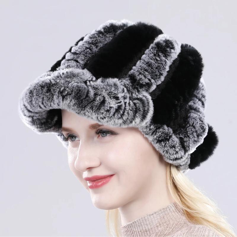 Lady Real Rex Rabbit Fur Hat Winter Knitted Natural Rex Rabbit Fur Caps Russia Women Warm Real Fur Beanies Hats