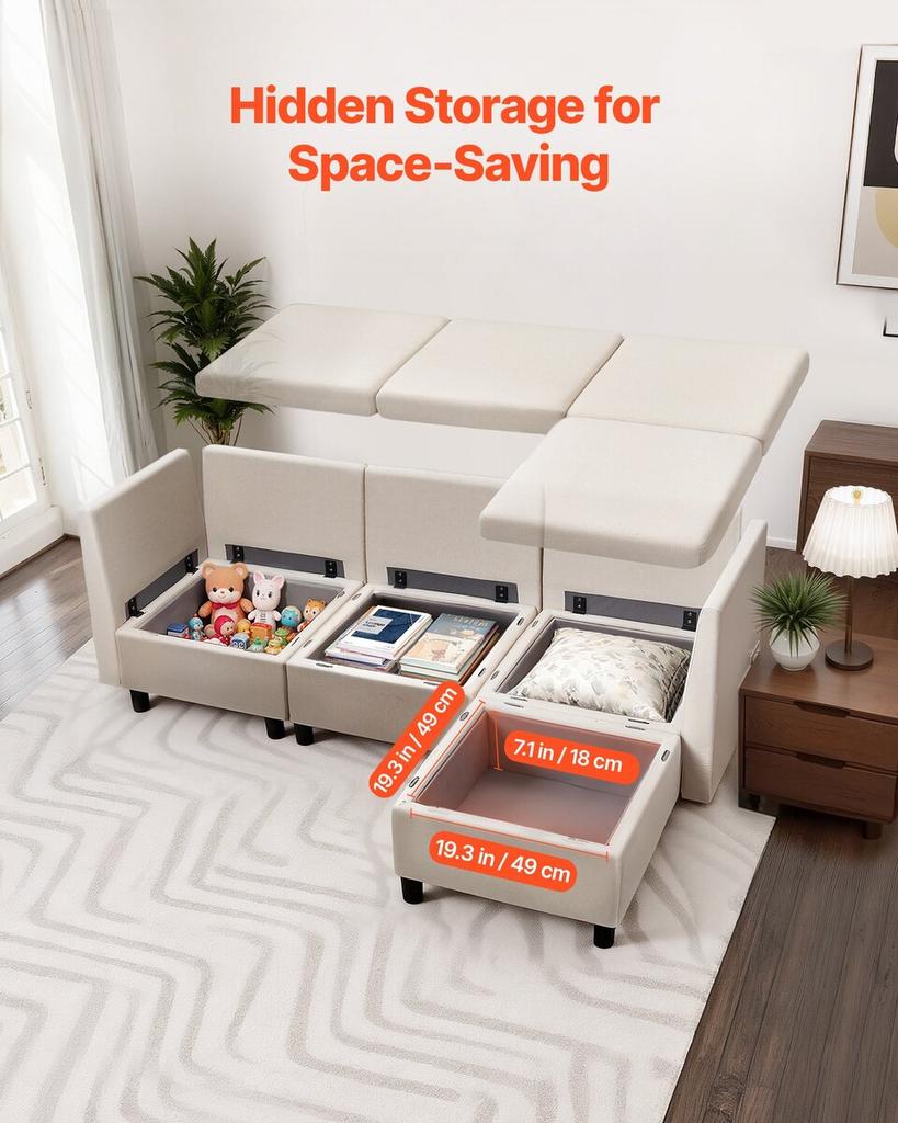 Modular Sectional Sofa, 3-Seater Modular Sofa with Hidden Storage, Cloud Sectional Couch with Ottoman & High Rebound Sponge, Solid Wood Frame