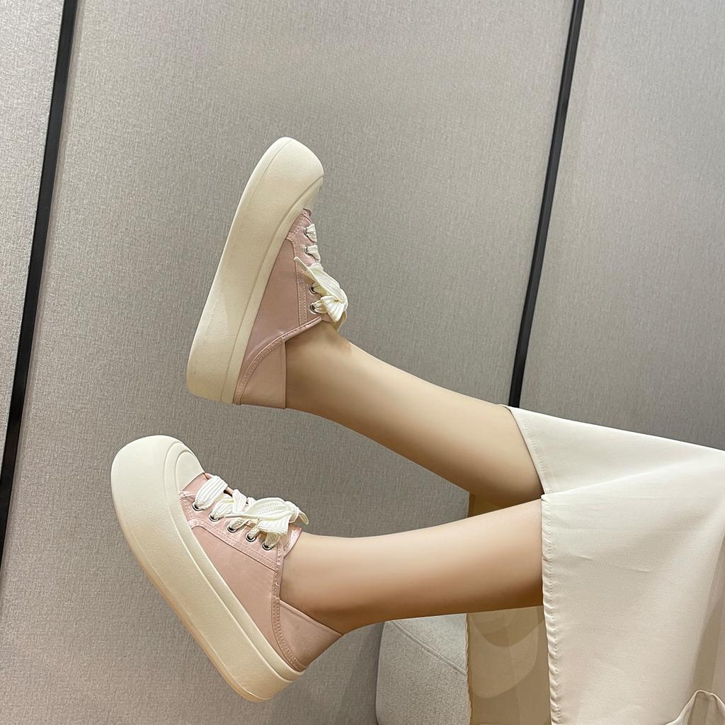 Niche Ugly and Cute Big Head Bread Shoes Women's Invisible Height Increasing Insole Satin Casual Shoes Women's Preppy Style White Shoes Women