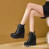 10Cm leather thick-soled wedge heel short boots women's head layer cowhide high heels autumn and winter new front lace-up heightening Martin boots