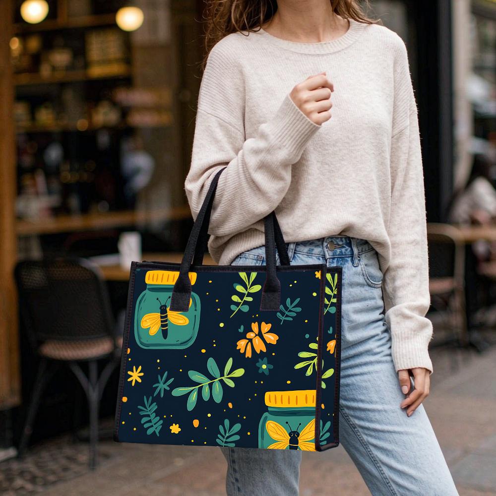 Cute Bee Floral Canvas Tote Bag Casual Daily Reusable Shopping Handbag for Outdoor Travel