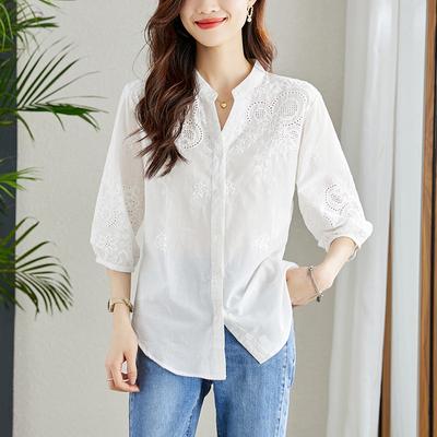 V-neck Embroidery Hollow White Shirt Women's Cotton Temperament Light Maturity Blouse Shirt