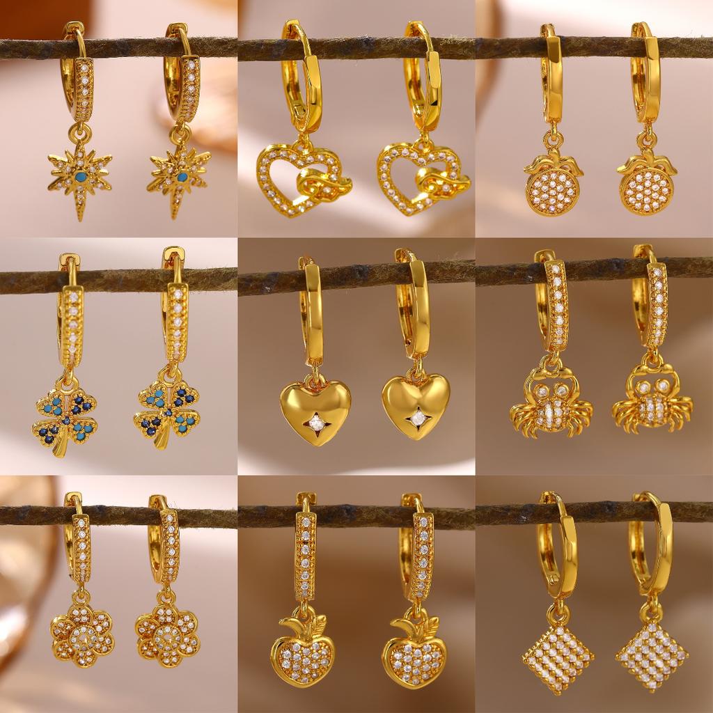 2026 Vintage Gold Color Hoop Earrings For Women Elegant CZ Heart Star Flower Pendant Hanging Ear Piercing Romantic Jewelry Gift