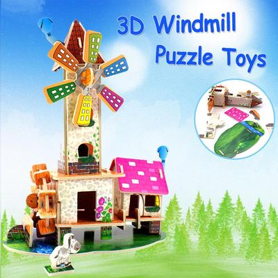 3D DIY mājas Puzles finierzāģu rotaļlietas bērniem Pils vējdzirnavu arhitektūra Puzles rotaļlietas mazuļiem agrīnās izglītības izglītojoša dāvana bērniem