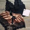 2 Pcs/Set Lady Pajamas Satin Bow Sleeveless Crop Top See-Through Lace Patchwork