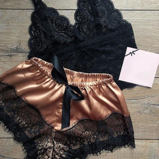 2 Pcs/Set Lady Pajamas Satin Bow Sleeveless Crop Top See-Through Lace Patchwork