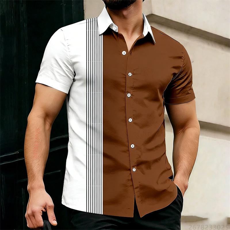 2026 Hot-Selling Summer Men's Color Block Striped Short-Sleeve Shirt, Outdoor Casual Slim Fit Collared Shirt, Hawaiian Shirt