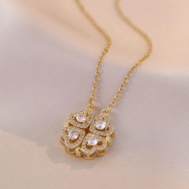 1pc Heart Shaped Four Leaf Clover Pendant Necklace Jewelry Zircon Women Love Clavicle Chain Gifts Openable ChokerJewelry