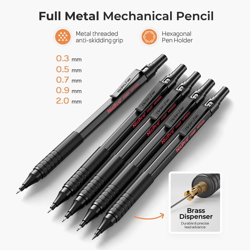 Nicpro Black Art Mechanical Pencil 5pcs Metal Drafting Pencils Mm 2mm Graphite Lead Holder for Sketch Drawing with 9 Tubes 2B HB 2H Lead Refill Eraser