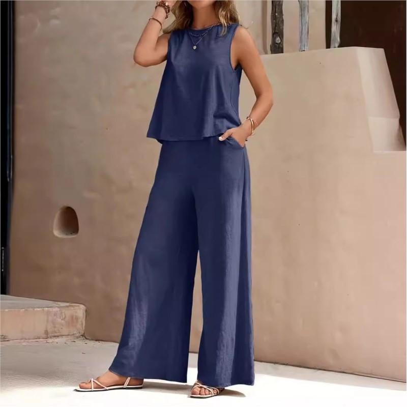Women's Sleeveless Vest and Trousers Two Piece Set Solid Color Two Piece Round Neck Top Pants Suit Casual Set Vacation