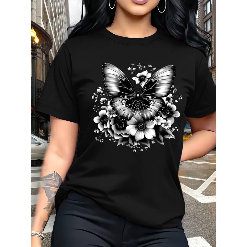 Womens Butterfly Print Round Neck Short Sleeve Pure Cotton T Shirt Heat Transfer Design Casual Outdoor Home Wear Summer Stylish Gift Basic Top
