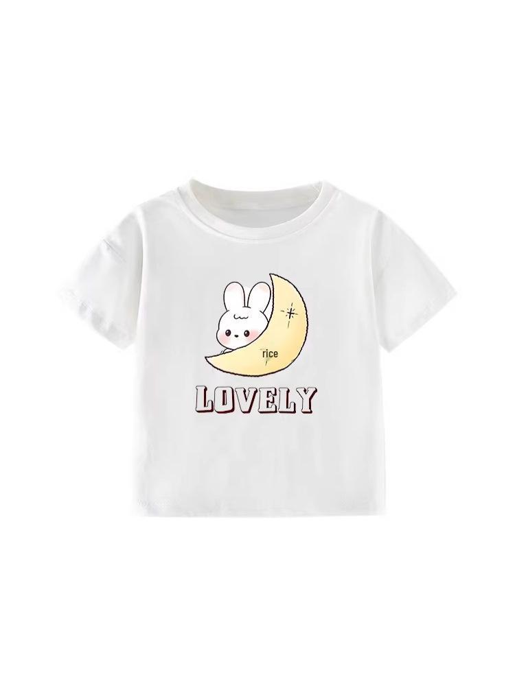 European Style Girls' Summer T-Shirt - Round Neck, Short Sleeve, Cute Cartoon Design for Toddlers and Kids