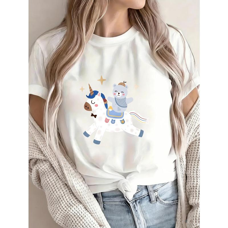 Cute Unicorn And Bear Printed White T-Shirt For Women Casual Summer Outfit Fashion Top With Cartoon Design For Daily Wear And Leisure Activities