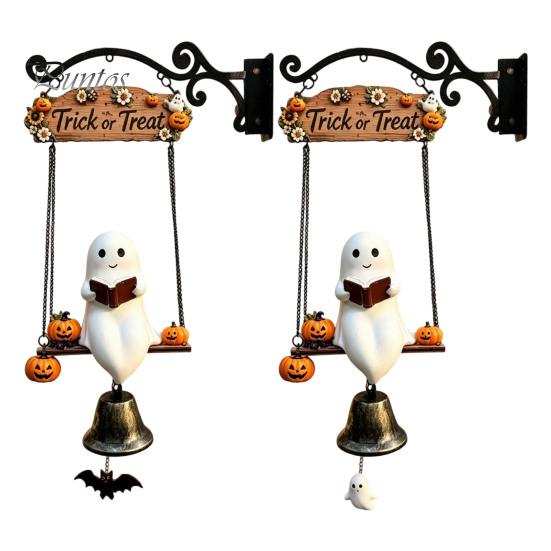Decorative Resin Craft Ornament Halloween Swing Ghost Doorbell, with Pumpkins Decor, Gothic Style Trick Wall Art or Treat Sign, for Farmhouse