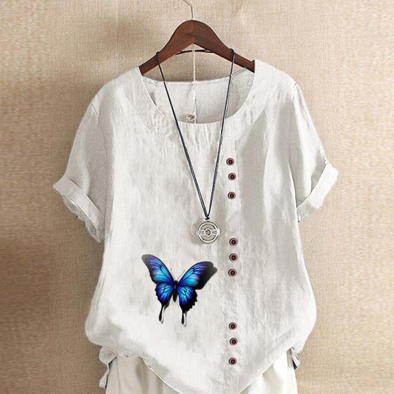 Camiseta de manga corta con cuello redondo para mujer, blusa informal de lino y algodón con estampado de mariposas, holgada y de verano