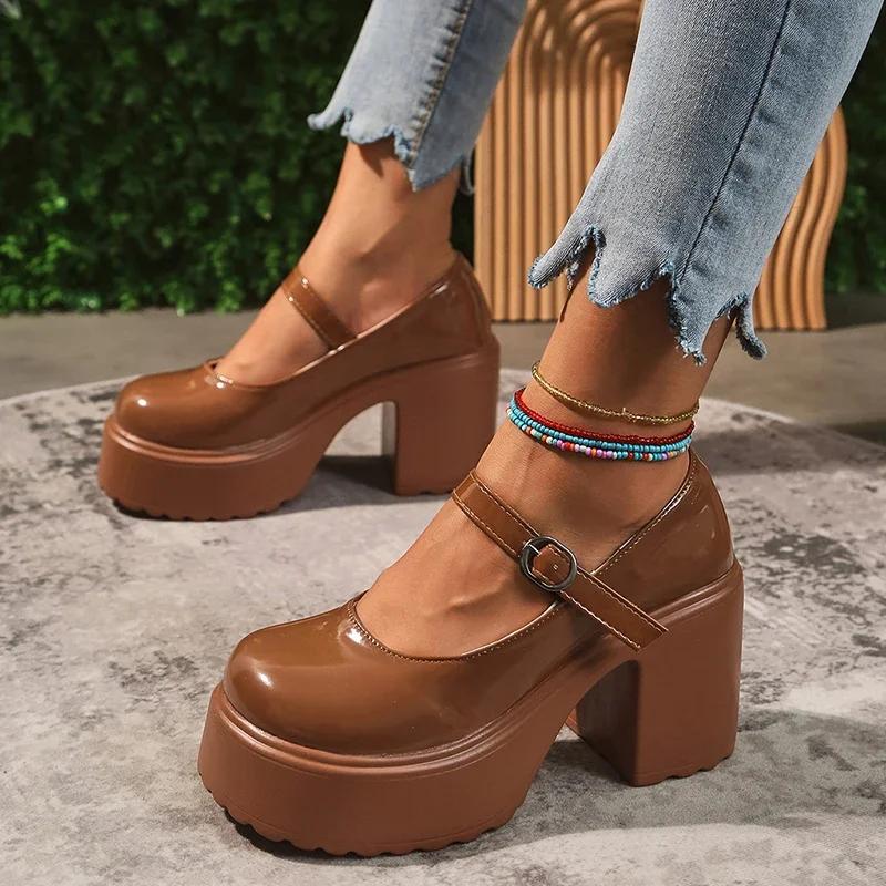 Fashion Brown Super High Heels Mary Jane Shoes for Women 2025 Fashion Chunky Platform Pumps Woman Patent Leather Ankle Strap Party Shoes