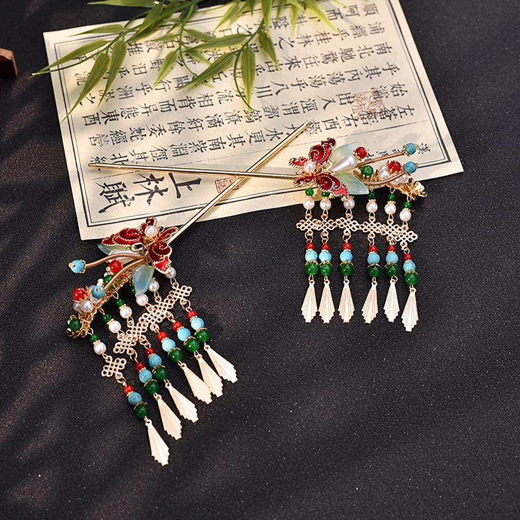 Vintage Chinese Style Hairpin For Women Light Luxury Tassel Enameled Butterfly Hair Stick Exquisite Elegant Hair Accessories 1pc
