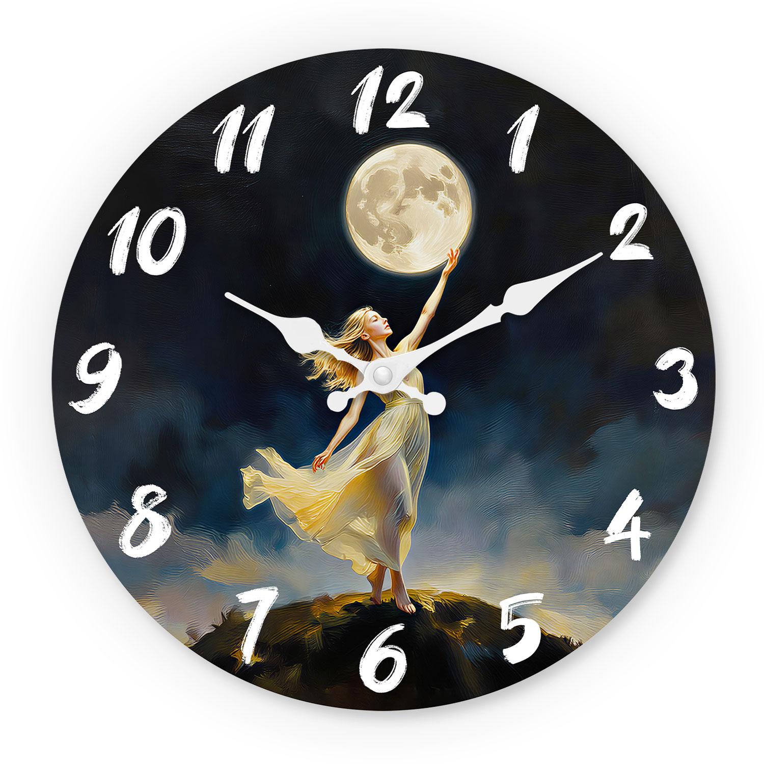 First-Class Dreamy First-Class Moonlit Premium-Quality Night Illustration Premium-Quality Wooden First-Class Wall Top-Grade Clock 10-16Inch (as the picture,10Inch)