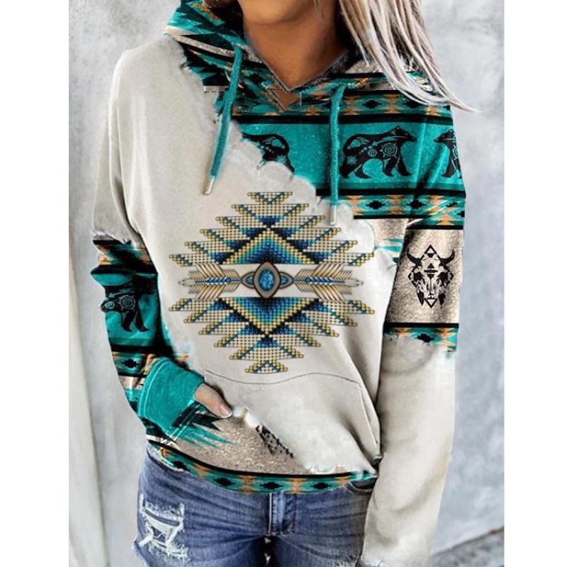 Plus Size Women Long Sleeve Round Neck Pullover Autumn Ethnic Printed Hoodie Winter Loose Casual Hooded Sweatshirt