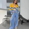 Completo casual da donna europeo e americano a colori contrastanti, alla moda, abbinamento colori, cerniera, bavero, cardigan, pantaloni larghi elastici, set da due pezzi