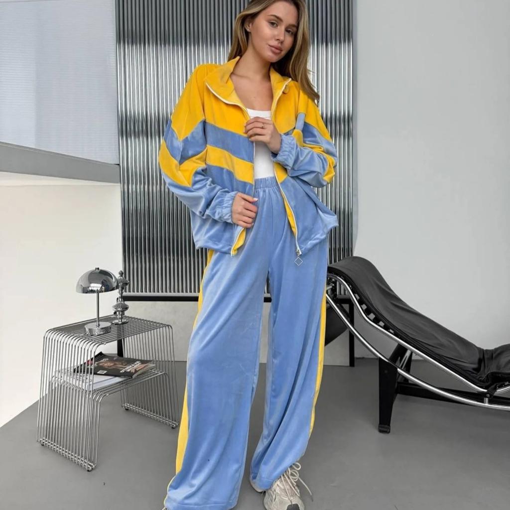 Completo casual da donna europeo e americano a colori contrastanti, alla moda, abbinamento colori, cerniera, bavero, cardigan, pantaloni larghi elastici, set da due pezzi