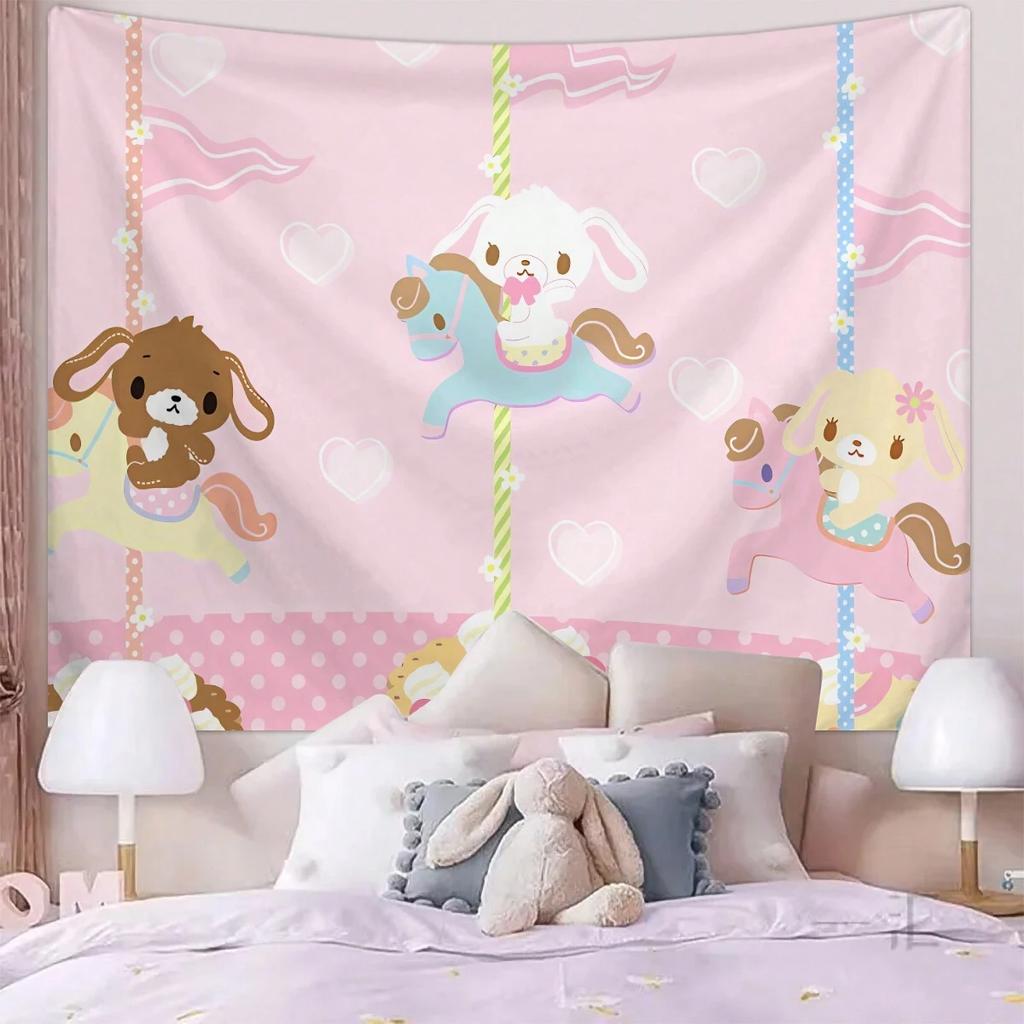 1Pc Kawaii Carousel Bunny Tapestry - Polyester 2D Print Pink Heart & Polka Dot Design, Perfect Wall Decor Gift For Bedroom, Livi