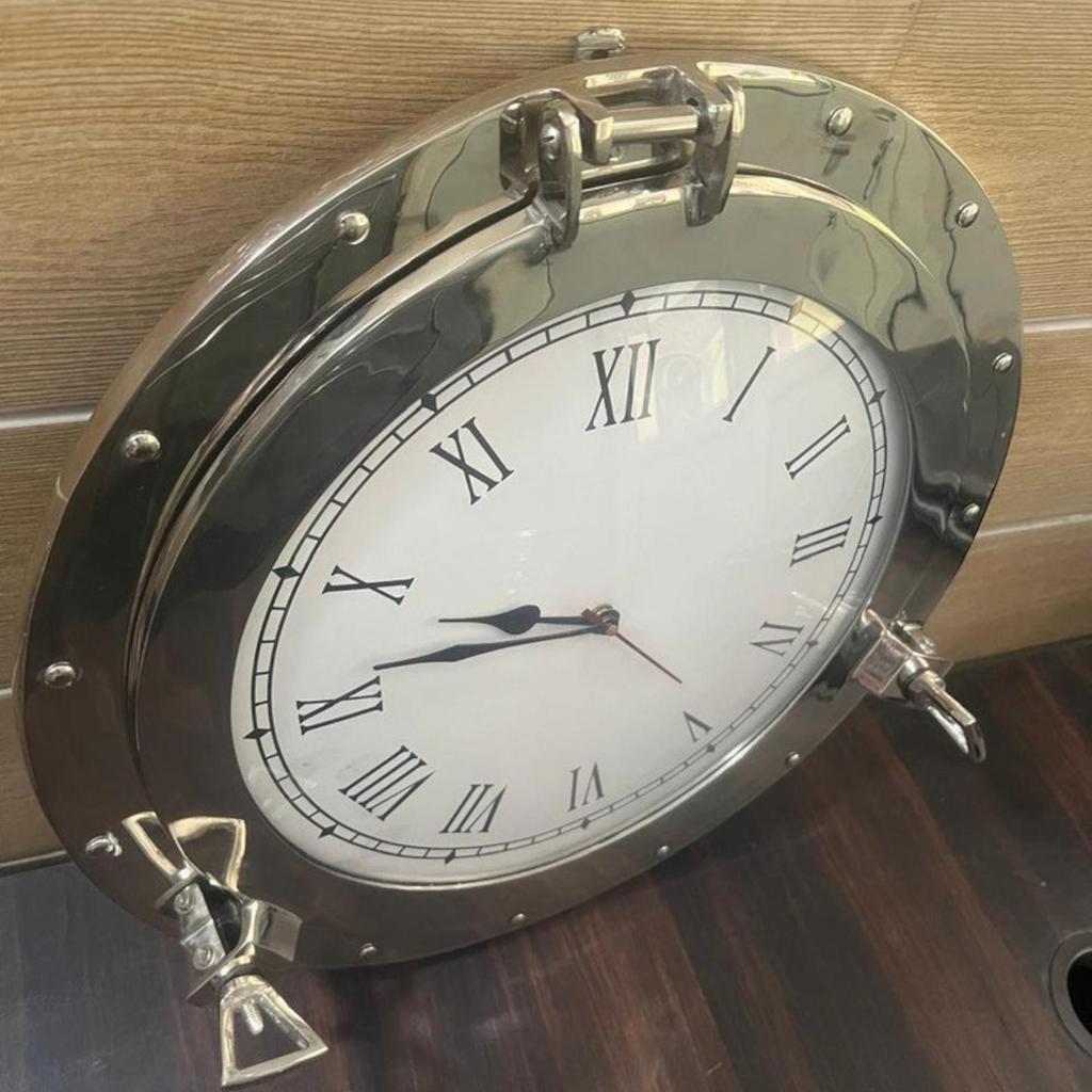 12-Inch Brass Antique Ship Porthole Clock - Nautical Marine Timepiece - Silent Analog Battery Quartz Wall Decor for Home & Office