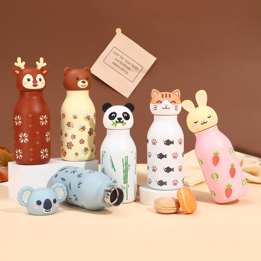 Cute Kids Bottle Silicone Animal Lid Double Wall Insulated Vacuum Stainless Steel Water Bottler Flask