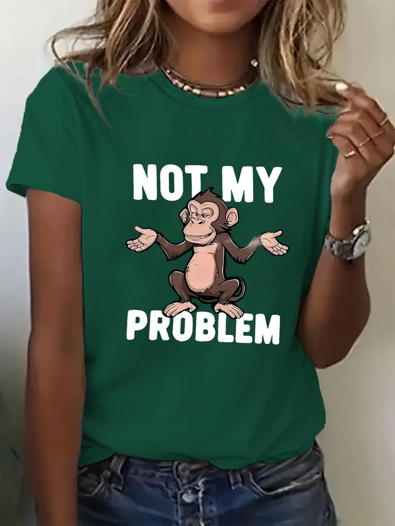 European sizesWomen'S Tee - Casual Short Sleeve, Round Neck, Brown with White Print, Lightweight Polyester Blend for Spring/Summer/Fall