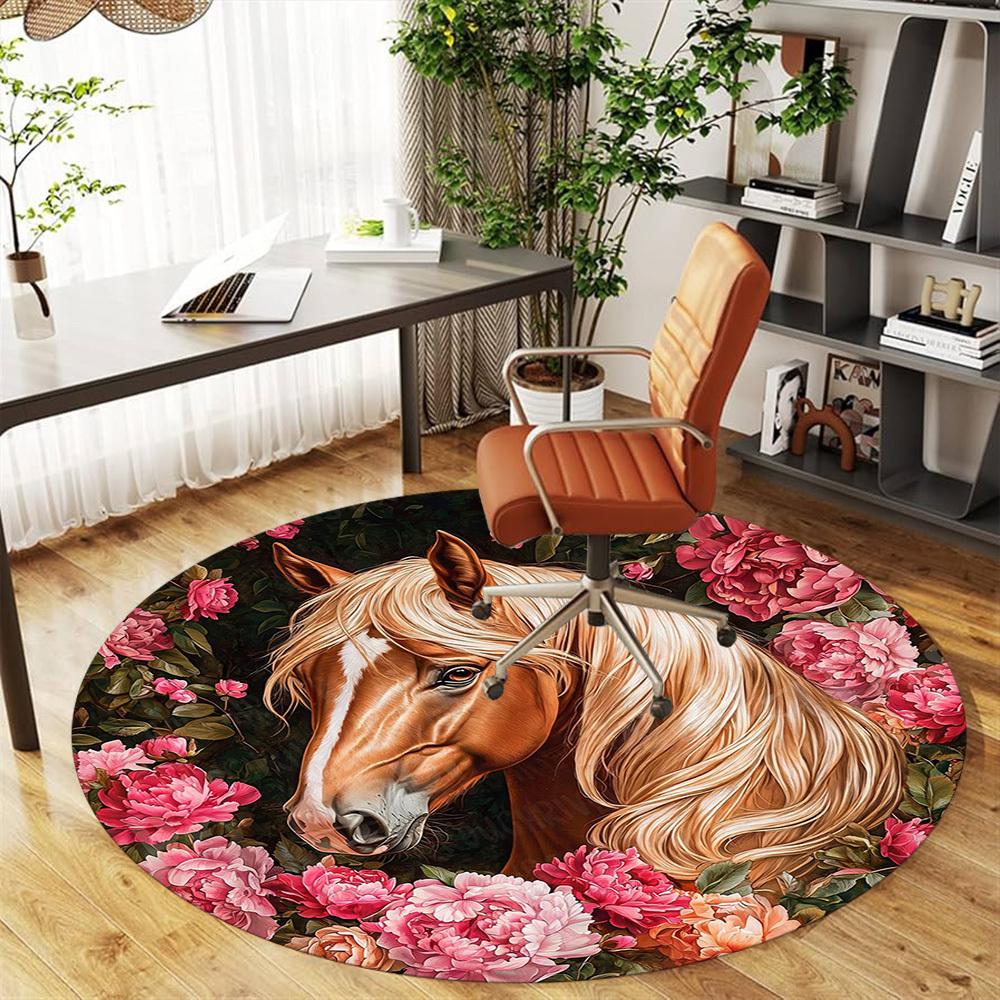 1 Stück Pferd Blumen Büro Runder Teppich, Unter Bürostühlen Schlafzimmer Wohnzimmer Heimdekoration, Teppich für Büro -1110119